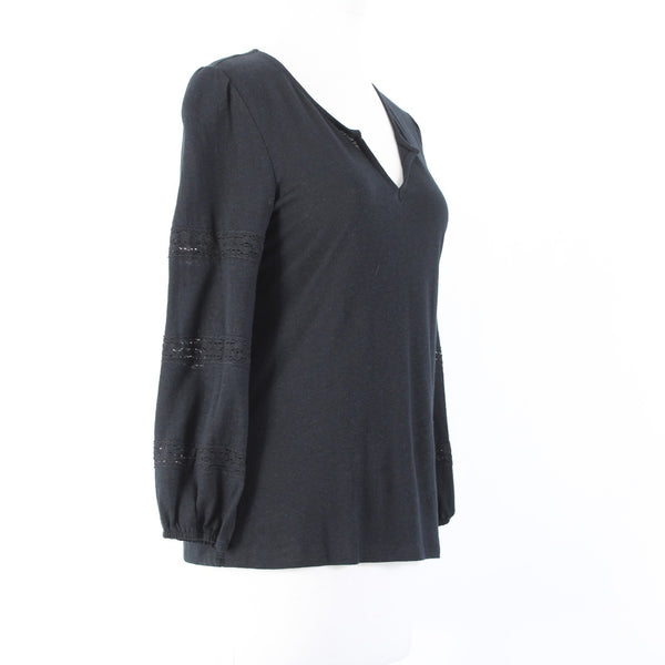 1 State Sz S Black V Neck Eyelet Elastic Sleeves Linen Spun Rayon Top