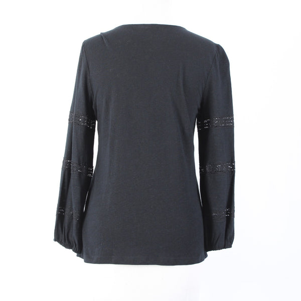 1 State Sz S Black V Neck Eyelet Elastic Sleeves Linen Spun Rayon Top