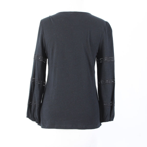 1 State Sz S Black V Neck Eyelet Elastic Sleeves Linen Spun Rayon Top