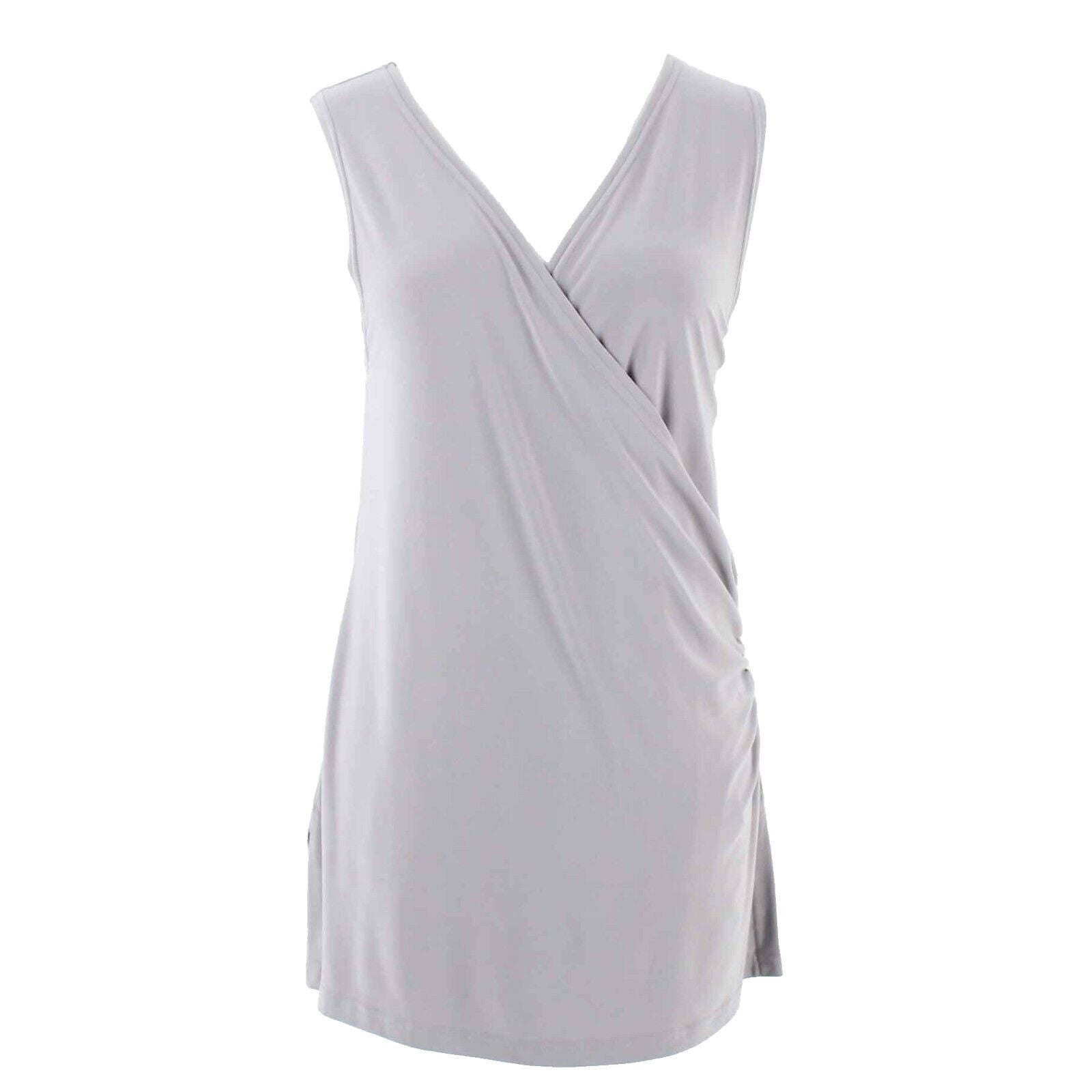 Simpli The Best Sz 8 Taupe Split Side Rouch Faux Wrap Poly Blend Knit Top