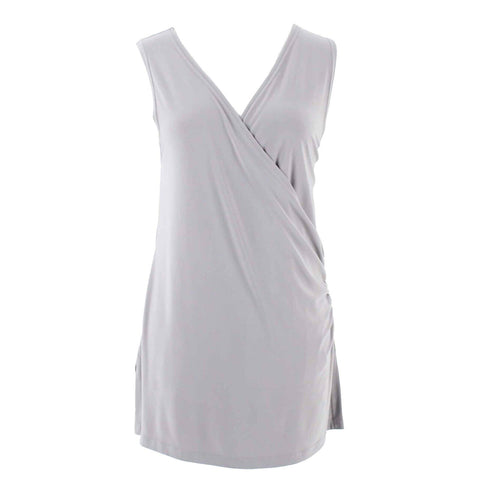 Simpli The Best Sz 8 Taupe Split Side Rouch Faux Wrap Poly Blend Knit Top