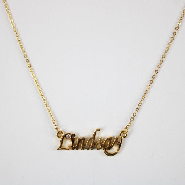 LINDSAY Name Goldtone Rhinestone Accent 14.5" w 4.5" Multi Ring Ext Necklace #2