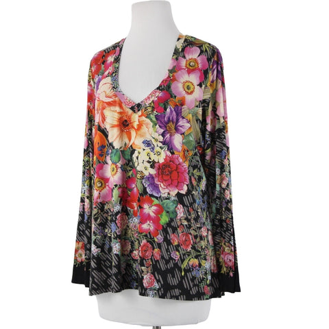 Johnny Was Sz L Pink Multi Color Floral Butterflies V Neck Bamboo Spandex Top