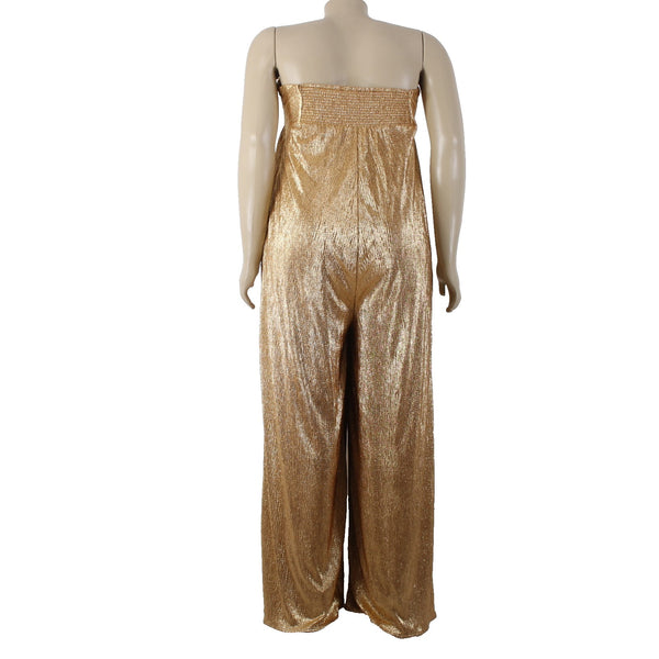 Free People Jumpsuit NEW $300 Sz L Gold Metallic Pockets Strapless Poly Viscose