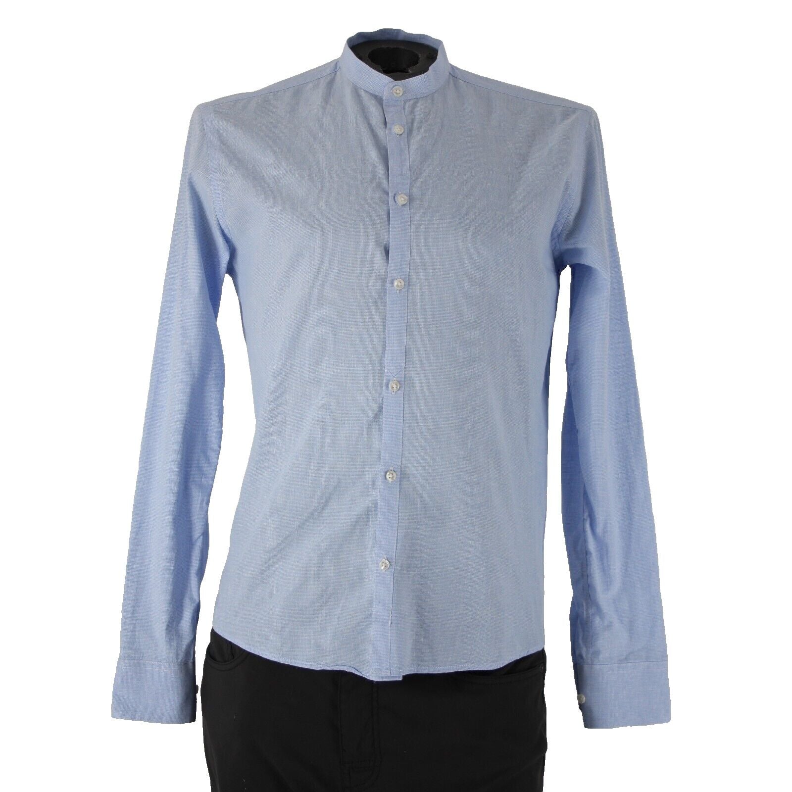 Emile Lafaurie Sz S Light Blue White Check Collarless Nehru Cotton Linen Shirt