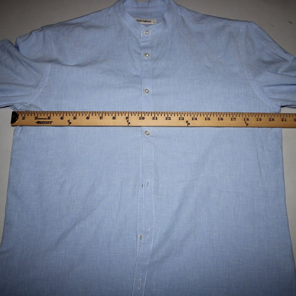 Emile Lafaurie Sz S Light Blue White Check Collarless Nehru Cotton Linen Shirt