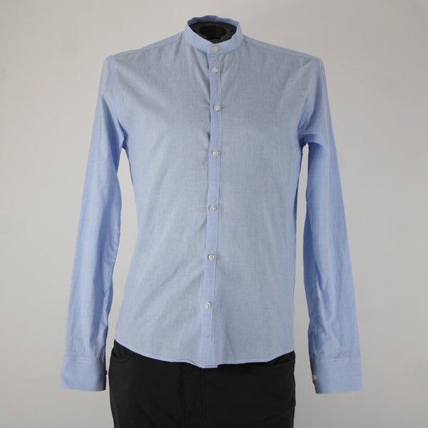 Emile Lafaurie Sz S Light Blue White Check Collarless Nehru Cotton Linen Shirt