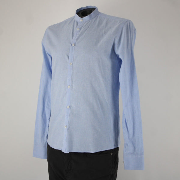 Emile Lafaurie Sz S Light Blue White Check Collarless Nehru Cotton Linen Shirt