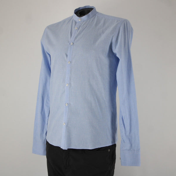 Emile Lafaurie Sz S Light Blue White Check Collarless Nehru Cotton Linen Shirt