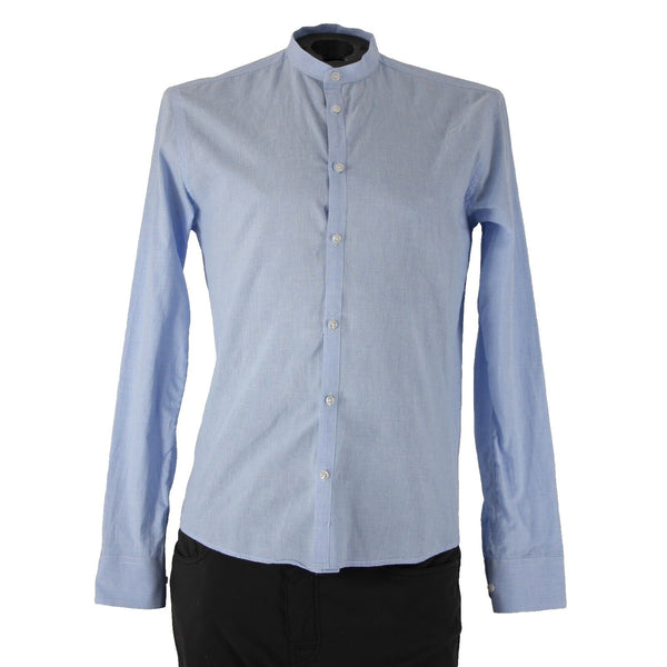 Emile Lafaurie Sz S Light Blue White Check Collarless Nehru Cotton Linen Shirt