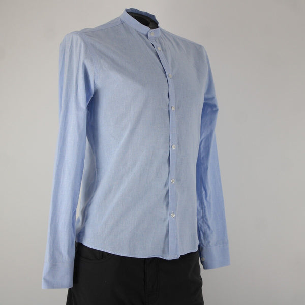 Emile Lafaurie Sz S Light Blue White Check Collarless Nehru Cotton Linen Shirt