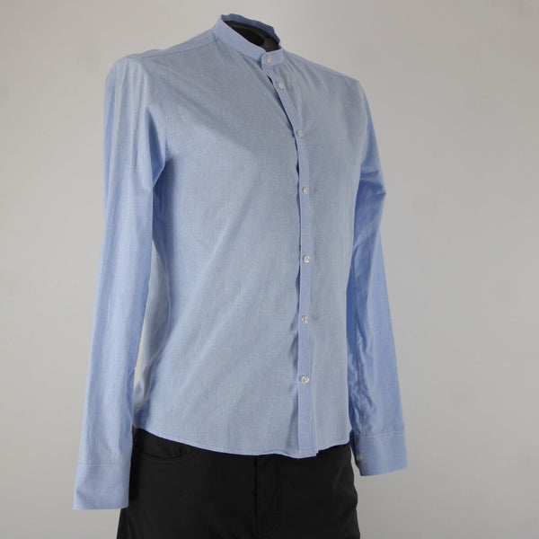 Emile Lafaurie Sz S Light Blue White Check Collarless Nehru Cotton Linen Shirt
