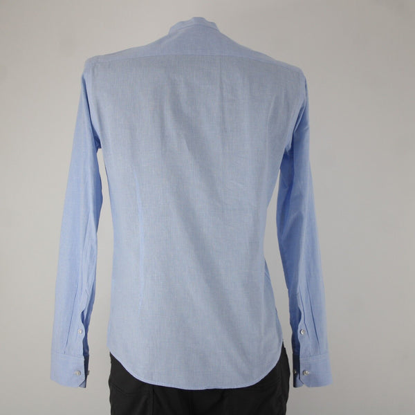 Emile Lafaurie Sz S Light Blue White Check Collarless Nehru Cotton Linen Shirt