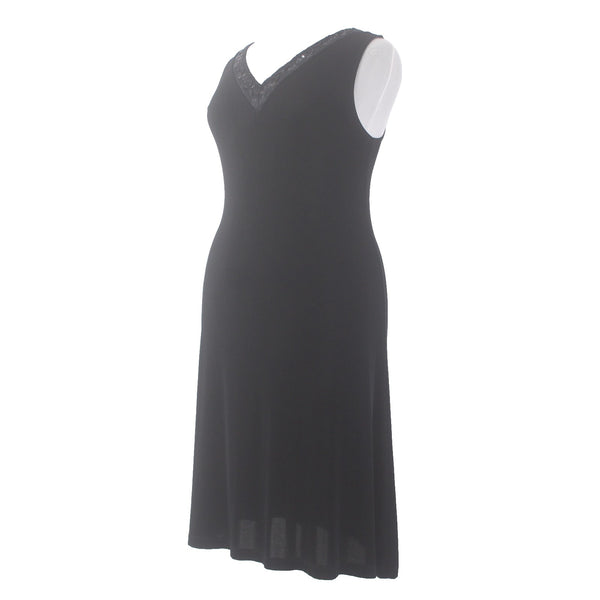 Chicos Dress Travelers Sz 3 Black Beaded V Neck Sleeveless Acetate Spandex Dress
