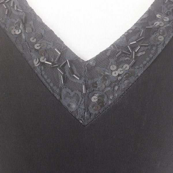 Chicos Dress Travelers Sz 3 Black Beaded V Neck Sleeveless Acetate Spandex Dress