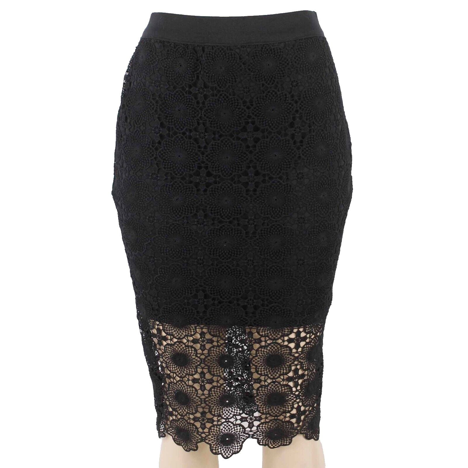 Kensie Sz M Black Lace Overlay Shorter Liner Elastic Waist All Polyester Skirt