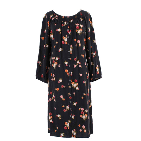 J Jill NEW $119 Sz M Black Multi Floral Button Front Mid Sleeve 100% Rayon Dress