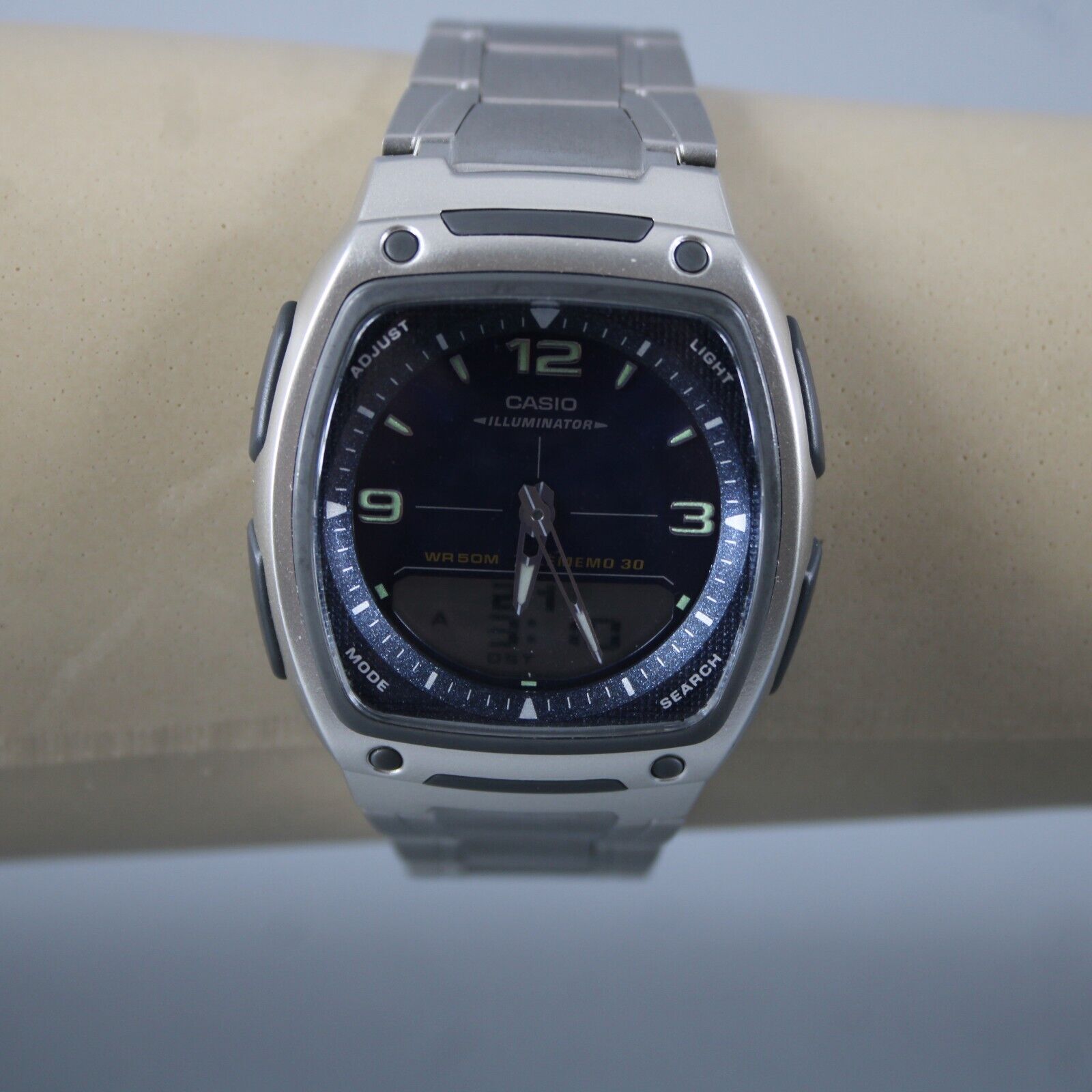 Casio Illuminator Silver Blue Telememo30 Alarm Water Resistant Stainless Watch