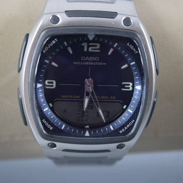 Casio Illuminator Silver Blue Telememo30 Alarm Water Resistant Stainless Watch
