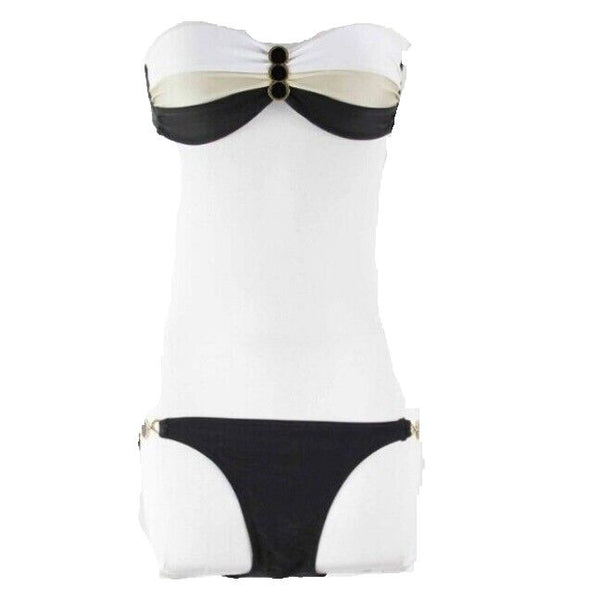 Fashion New Sz S Black Gold White Strapless Embellished Bikini Bathing Suit
