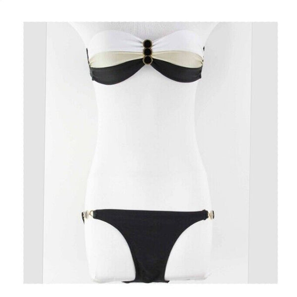 Fashion New Sz S Black Gold White Strapless Embellished Bikini Bathing Suit