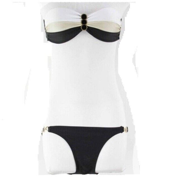 Fashion New Sz S Black Gold White Strapless Embellished Bikini Bathing Suit