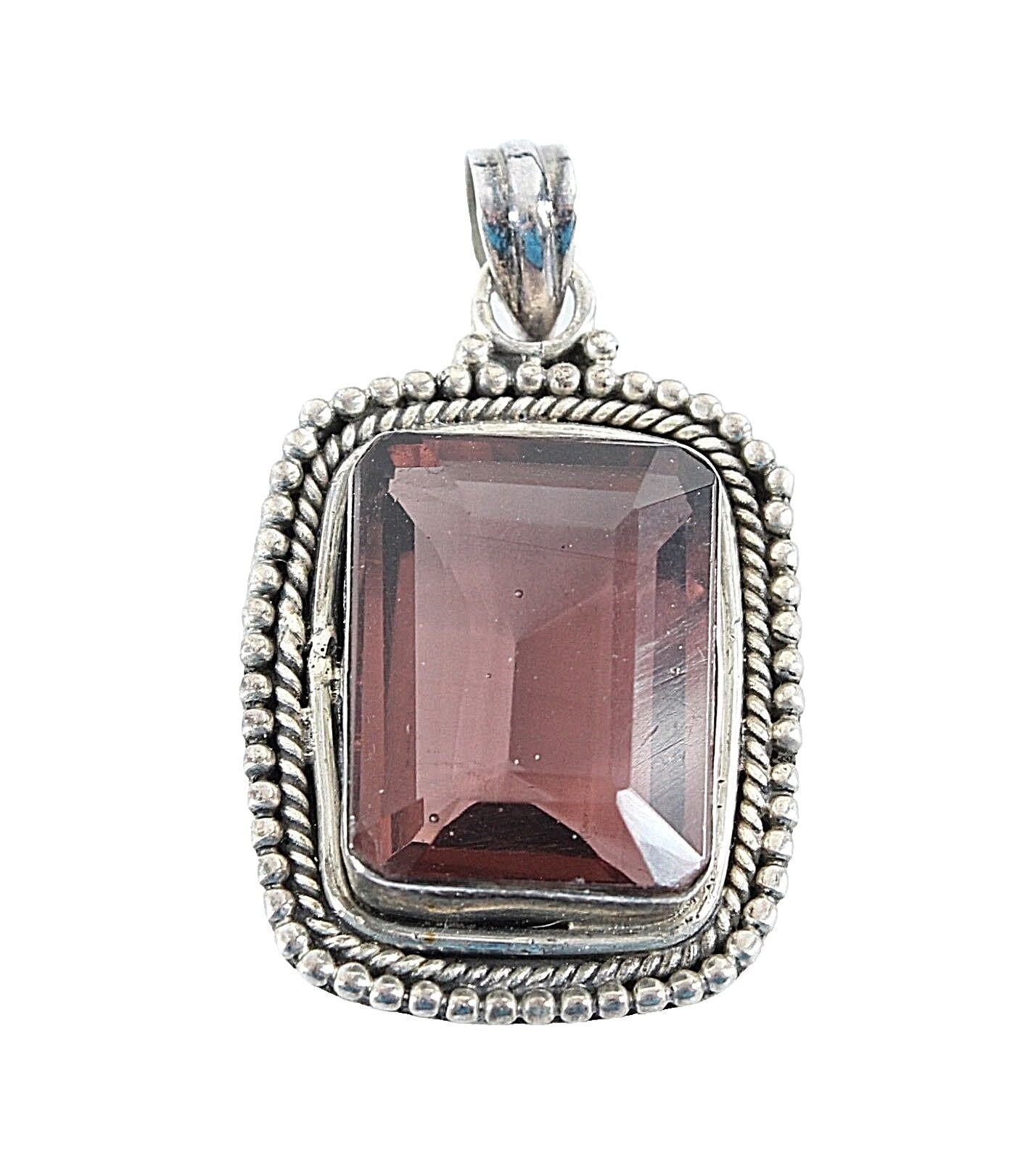 Sterling Silver 1.5" Setting Purple ish Faceted Rectangular Stone Pendant