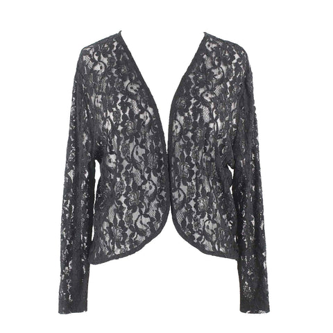 Lynn Ritchie Silver Sz L Black Beaded Lace Open Rayon Nylon Cardigan