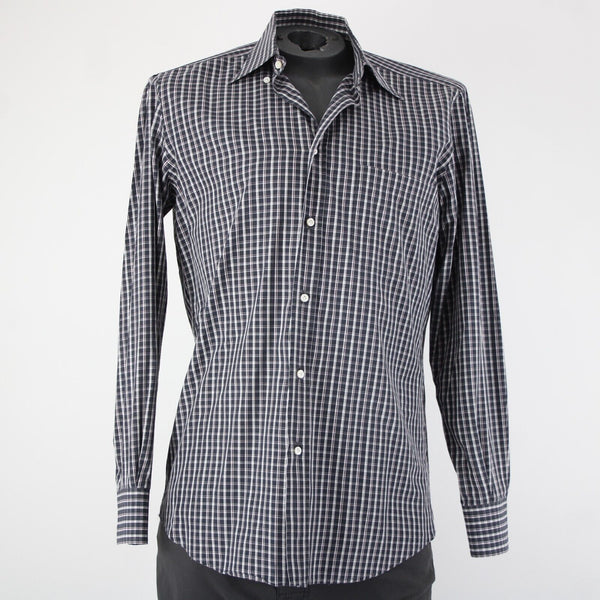Luciano Barbera Sz M Black White Burgundy Plaid Button Down 100% Cotton Shirt