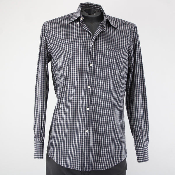 Luciano Barbera Sz M Black White Burgundy Plaid Button Down 100% Cotton Shirt