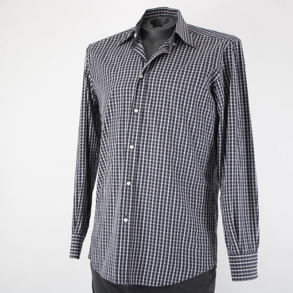 Luciano Barbera Sz M Black White Burgundy Plaid Button Down 100% Cotton Shirt