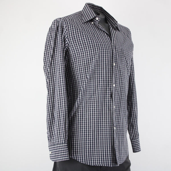 Luciano Barbera Sz M Black White Burgundy Plaid Button Down 100% Cotton Shirt