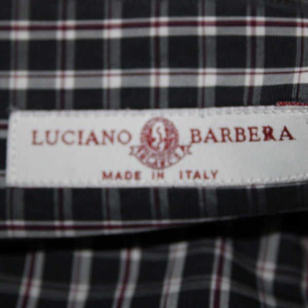 Luciano Barbera Sz M Black White Burgundy Plaid Button Down 100% Cotton Shirt