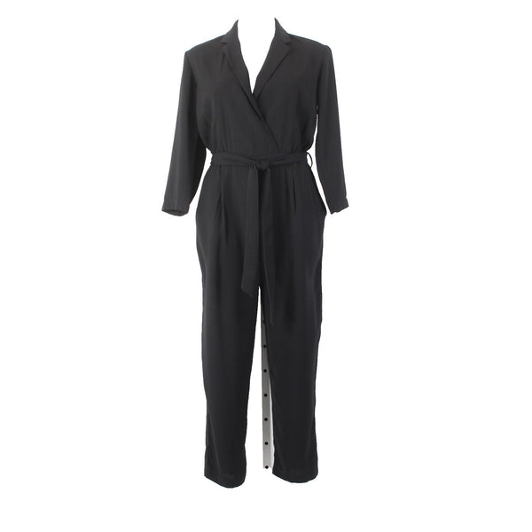 All Row Jumpsuit Sz S x 24 Black Belted Collared Pockets 100% Polyester Jumpsuit