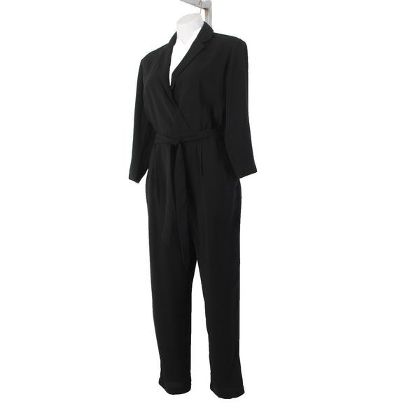 All Row Jumpsuit Sz S x 24 Black Belted Collared Pockets 100% Polyester Jumpsuit