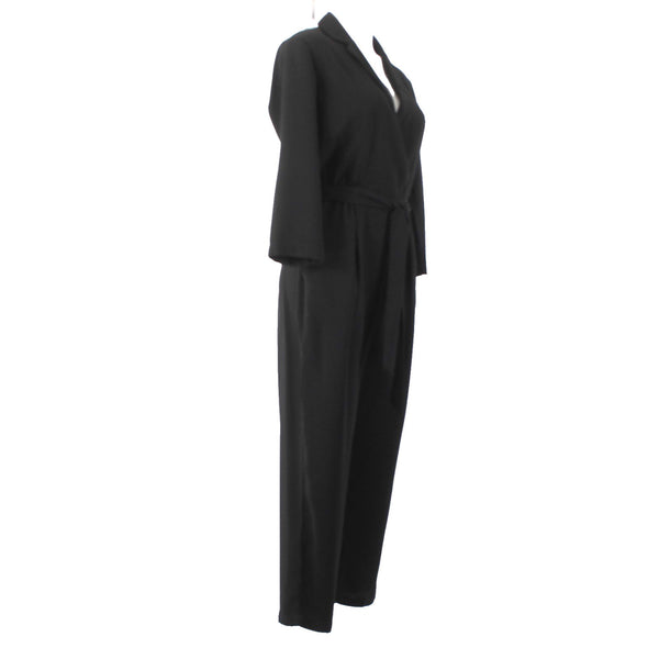All Row Jumpsuit Sz S x 24 Black Belted Collared Pockets 100% Polyester Jumpsuit