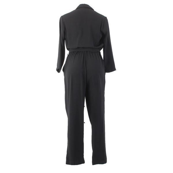 All Row Jumpsuit Sz S x 24 Black Belted Collared Pockets 100% Polyester Jumpsuit