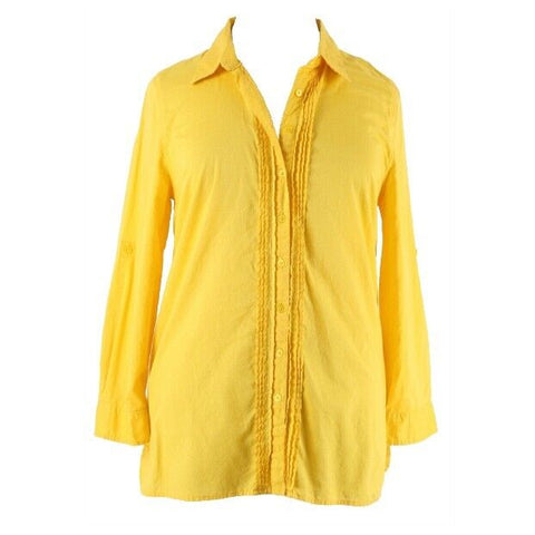 Isaac Mizrahi Live Sz XL Mustard Yellow Pintuck Tab Sleeve 100% Cotton Top