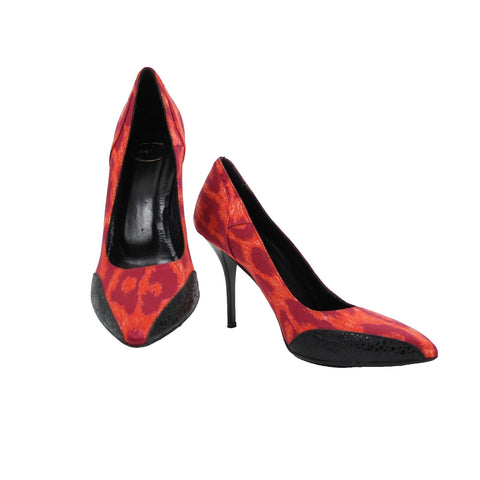 Just Cavalli Sz 39 Purple Red Black Animal Print Satin Upper Leather 3.5" Heels