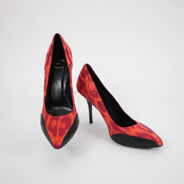 Just Cavalli Sz 39 Purple Red Black Animal Print Satin Upper Leather 3.5" Heels