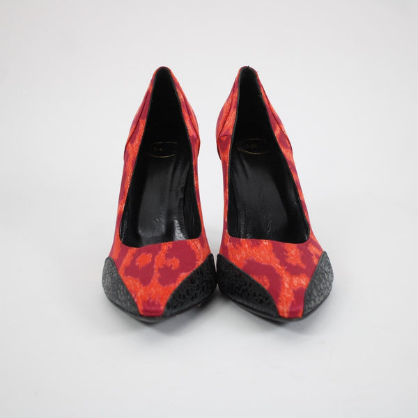 Just Cavalli Sz 39 Purple Red Black Animal Print Satin Upper Leather 3.5" Heels