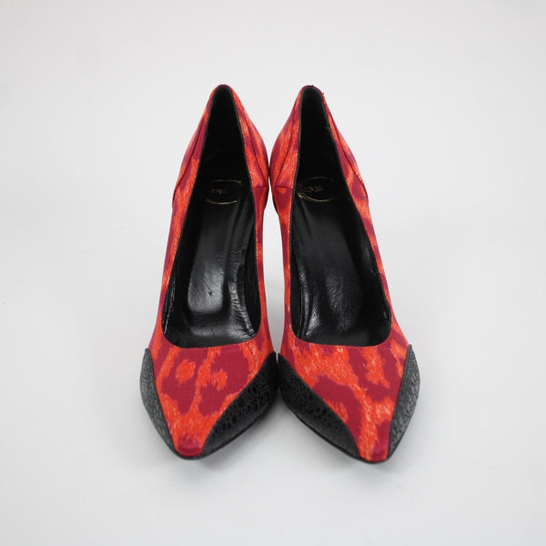 Just Cavalli Sz 39 Purple Red Black Animal Print Satin Upper Leather 3.5" Heels