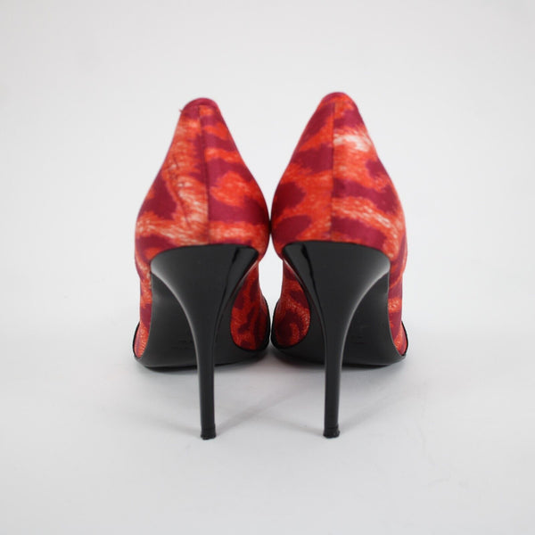 Just Cavalli Sz 39 Purple Red Black Animal Print Satin Upper Leather 3.5" Heels