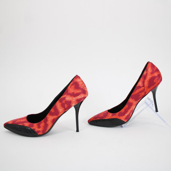 Just Cavalli Sz 39 Purple Red Black Animal Print Satin Upper Leather 3.5" Heels