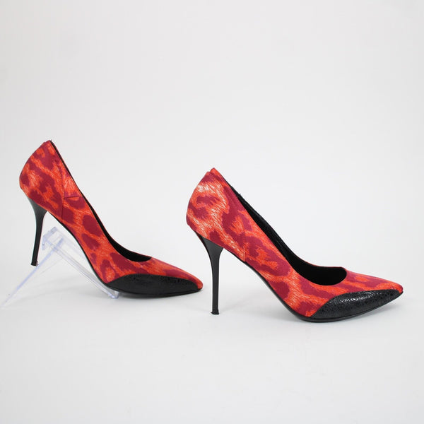 Just Cavalli Sz 39 Purple Red Black Animal Print Satin Upper Leather 3.5" Heels
