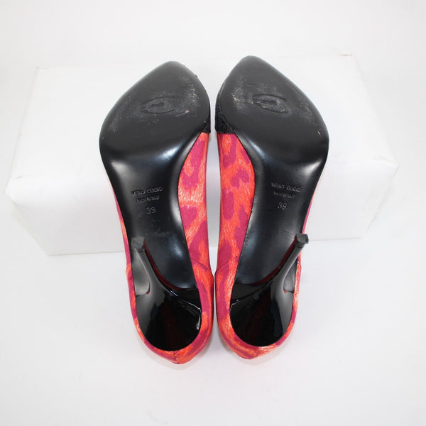 Just Cavalli Sz 39 Purple Red Black Animal Print Satin Upper Leather 3.5" Heels