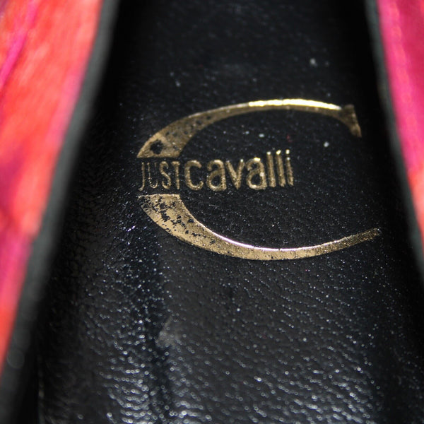 Just Cavalli Sz 39 Purple Red Black Animal Print Satin Upper Leather 3.5" Heels