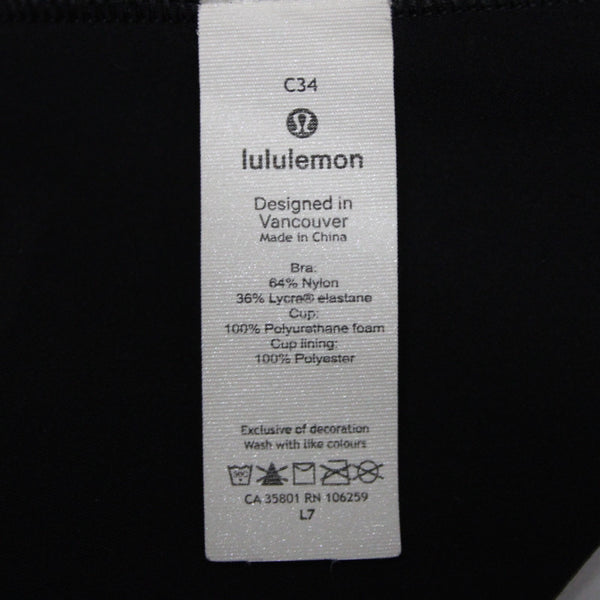 Lululemon Sz 34C Black Wireless Nylon Blend Active Wear Hook Eye Strap Bra