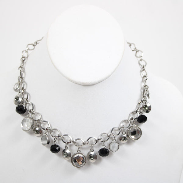 White House Black Market Silver Rhinestones Black Beads 18" Ext. 2" Necklace