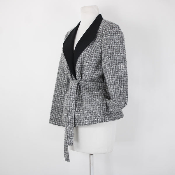 White House Black Market NEW Sz 10P Gray Black Tweed Belted Acrylic Poly Jacket